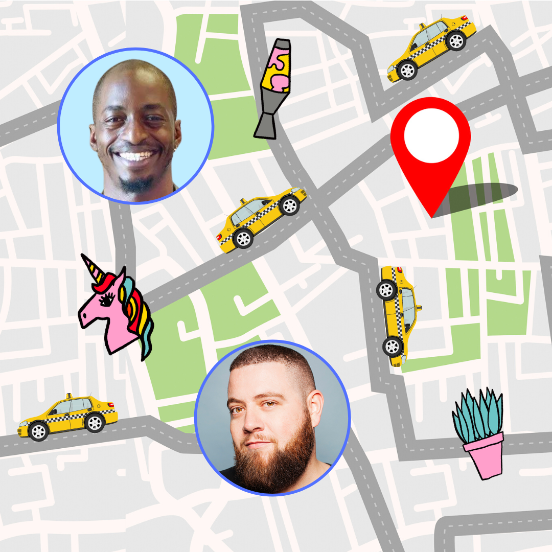 A map with two people's headshots, four taxi cabs, a unicorn, a plant and a lava lamp edited on to it.