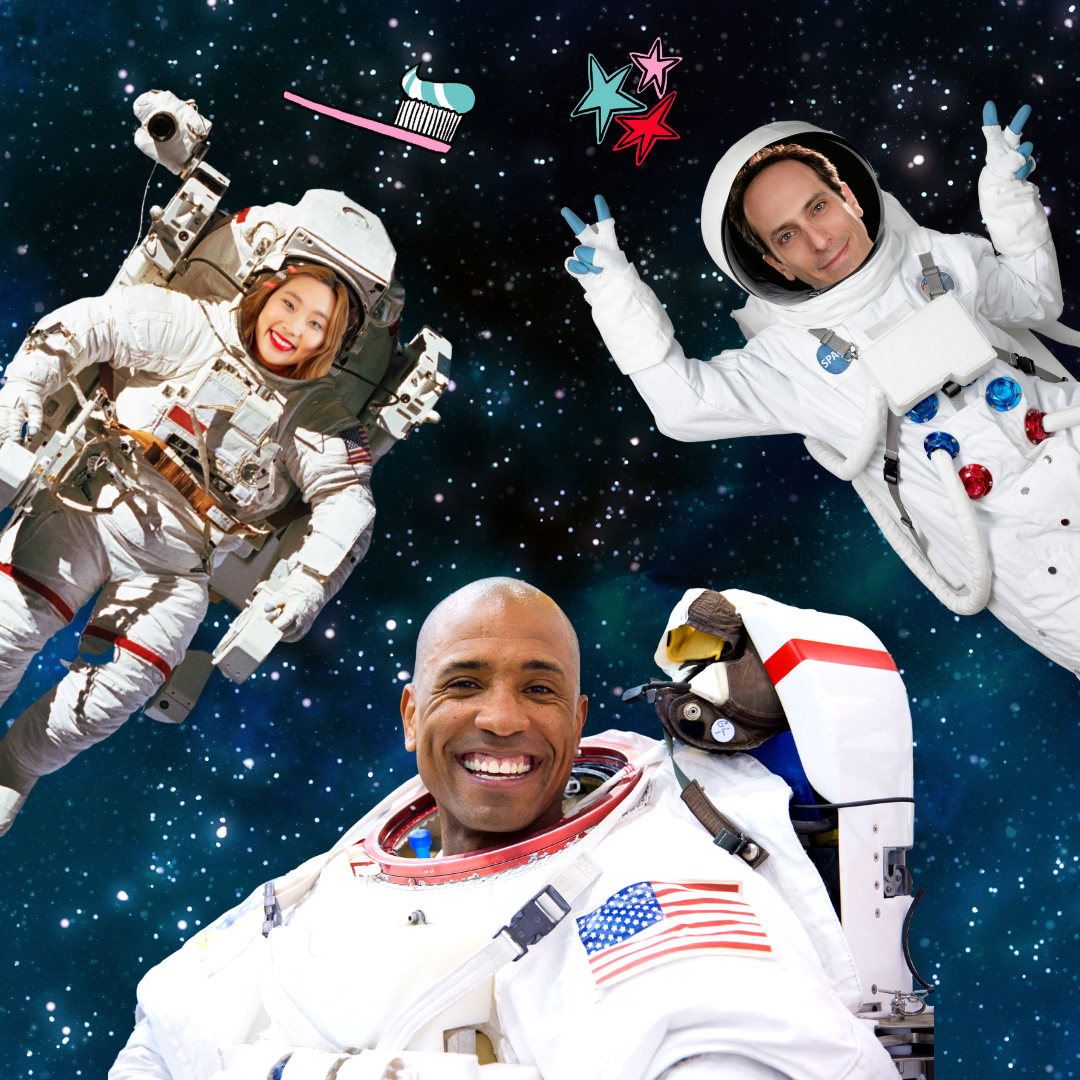 A collage of three people in astronaut costumes floating in space
